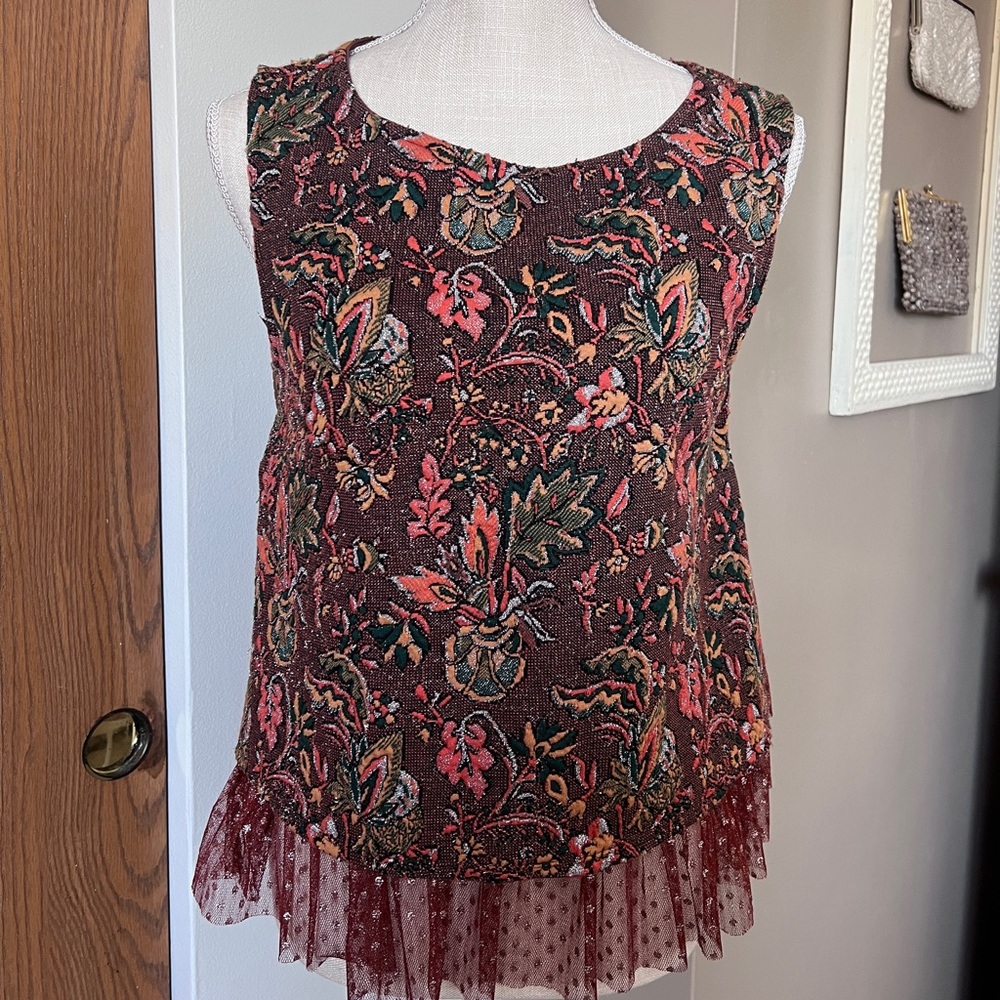 Eva Franco Brocade Top with Tulle Detail From Anthropologie